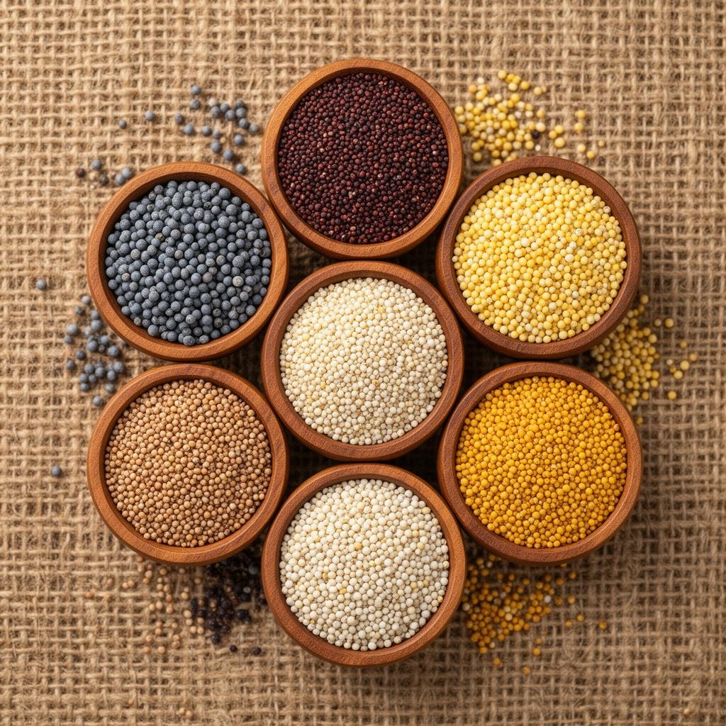 Assorted Indian millets in wooden bowls